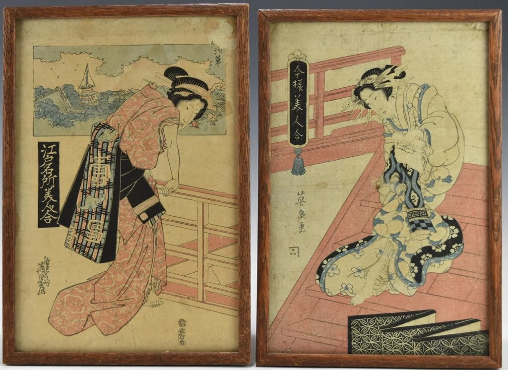 TWO ANTIQUE JAPANESE EDO PERIOD WOODBLOCK PRINTS BY FAMOUS ARTIST KEISAI EISEN