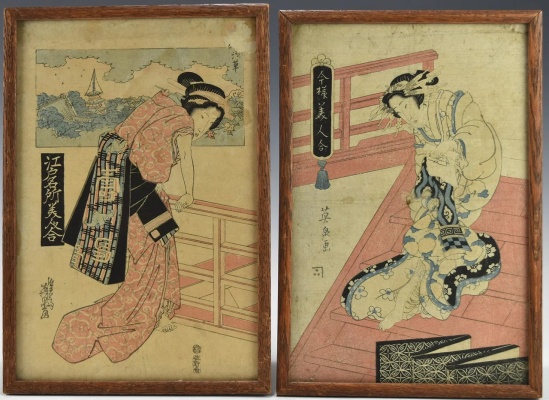 TWO ANTIQUE JAPANESE EDO PERIOD WOODBLOCK PRINTS BY FAMOUS ARTIST KEISAI EISEN