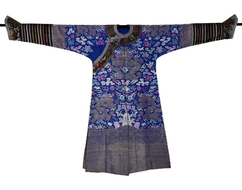 ANTIQUE CHINESE QING DYNASTY 19TH CENTURY BLUE BROCADE SEMIFORMAL COURT IMPERIAL DRAGON ROBE JIFU