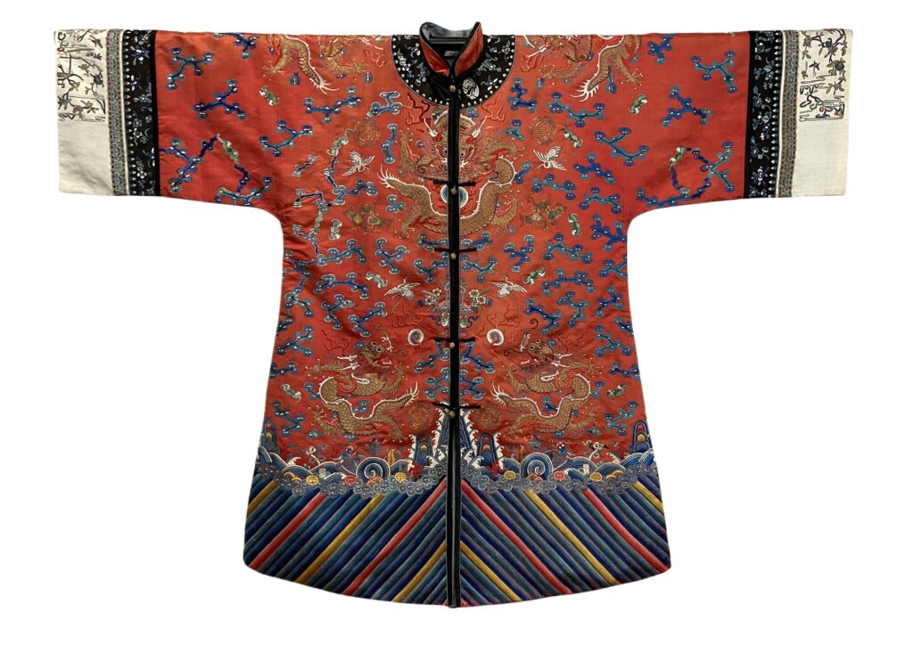ANTIQUE CHINESE QING DYNASTY EMBROIDERED SILK RED-GROUND LADY'S QUASI-OFFICIAL WEDDING DRAGON ROBE