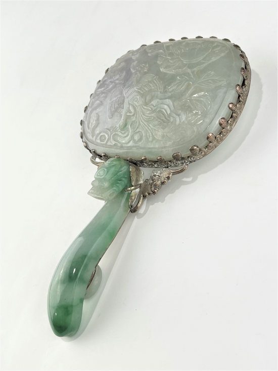 ANTIQUE CHINESE LATE QING DYNASTY JADEITE HAND MIRROR WITH DRAGON BELT HOOK HANDLE