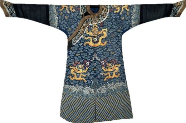 ANTIQUE CHINESE QING DYNASTY 18TH CENTURY BLUE-GROUND SUMMER GAUZE IMPERIAL COURT JIFU DRAGON ROBE