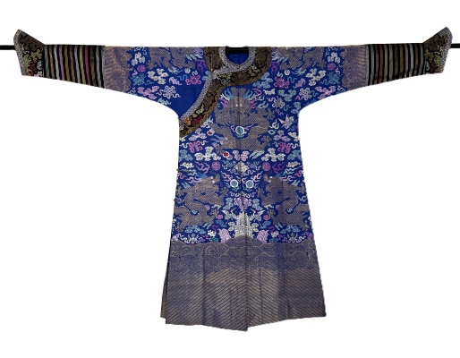 ANTIQUE CHINESE QING DYNASTY 19TH CENTURY BLUE BROCADE IMPERIAL COURT DRAGON ROBE JIFU
