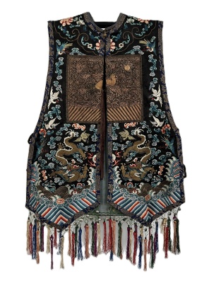 ANTIQUE CHINESE QING DYNASTY 19TH CENTURY BLCK-GROUND DRAGON VEST XIAPEI