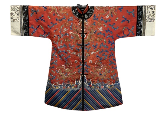 ANTIQUE CHINESE QING DYNASTY EMBROIDERED SILK RED-GROUND LADY'S WEDDING DRAGON ROBE