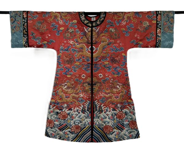 ANTIQUE CHINESE QING DYNASTY EMBROIDERED SILK RED-GROUND LADY'S QUASI-OFFICIAL WEDDING DRAGON ROBE WITH FORBIDDEN STITCHES